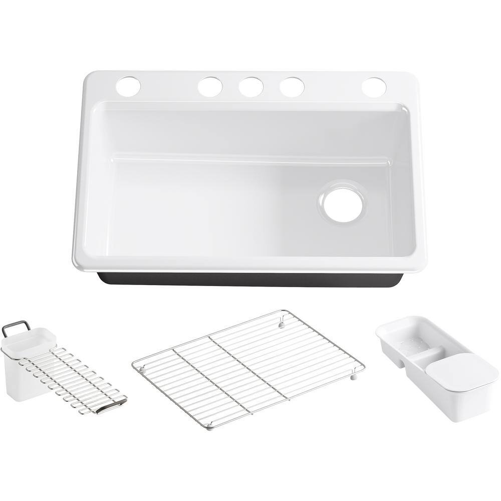 KOHLER Riverby Undermount Cast Iron 33 in. 5-Hole Single Bowl Kitchen Sink with Accessories in White K-RH5871-5UA3-0