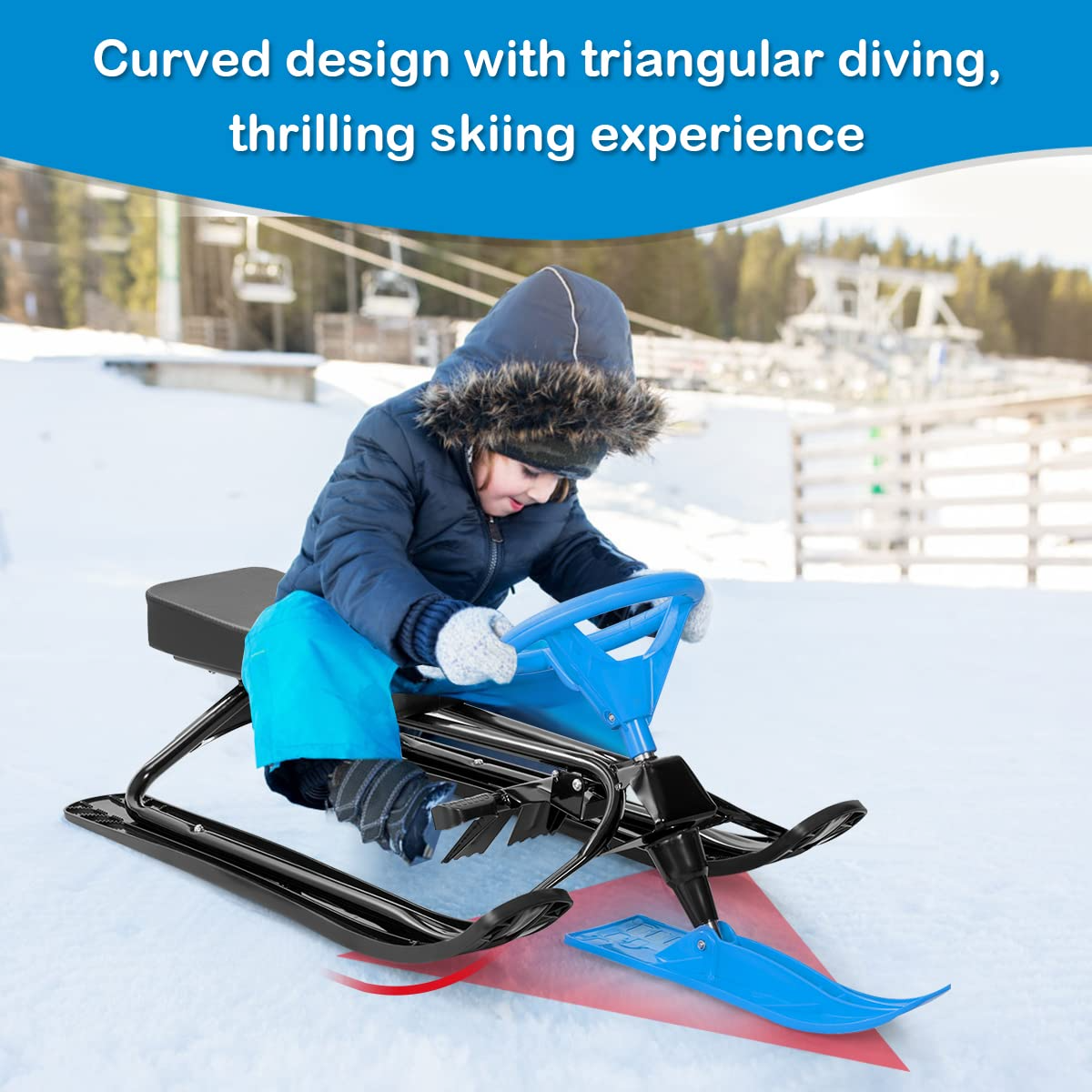 Costzon Snow Racer Sled, Ski Sled with Steering Wheel & Twin Brakes, Durable Steel Frame