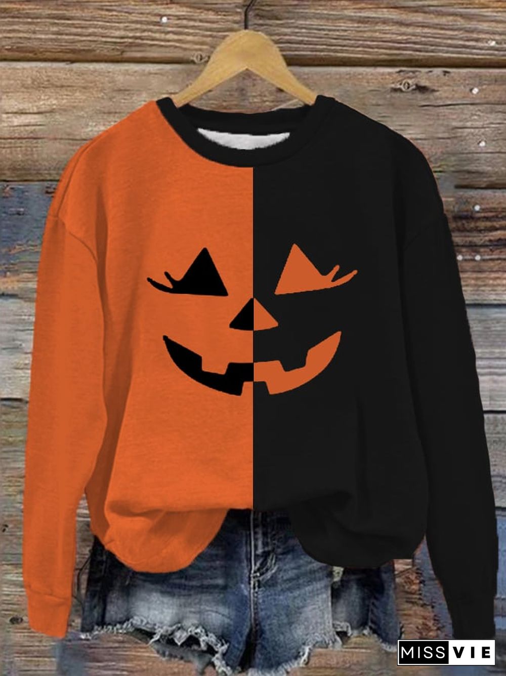 Women's Halloween Pumpkin Face Contrast Print Casual Sweatshirt