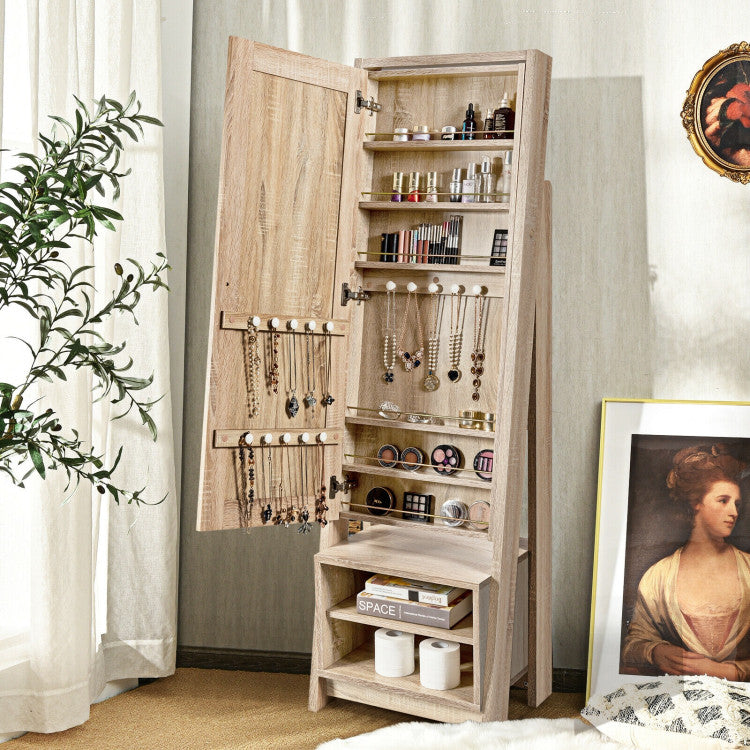 2-in-1 Freestanding Jewelry Mirror Cabinet Wooden Cosmetics Storage Cabinet with Full-Length Mirror and Bottom Storage Rack