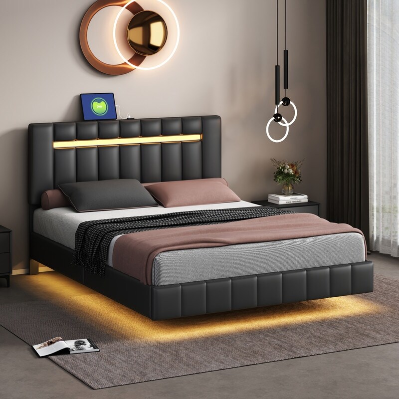 PU Upholstered Platform Bed with LED Lights and USB Charging Queen Size