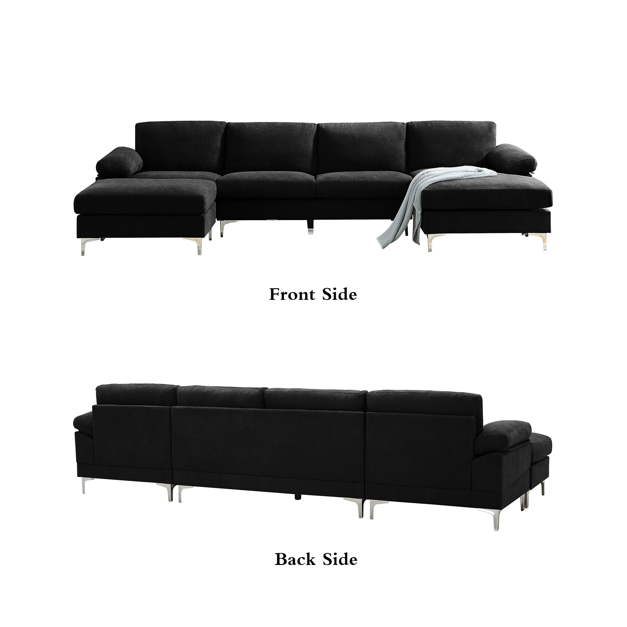 Lecut L-Shaped Sofa Couch with Removable Ottoman, Fabric 4 Seat Sectional with Large Chaise, Modern Reversible Sectional Sofa Couch for Living Room Polyester  Black