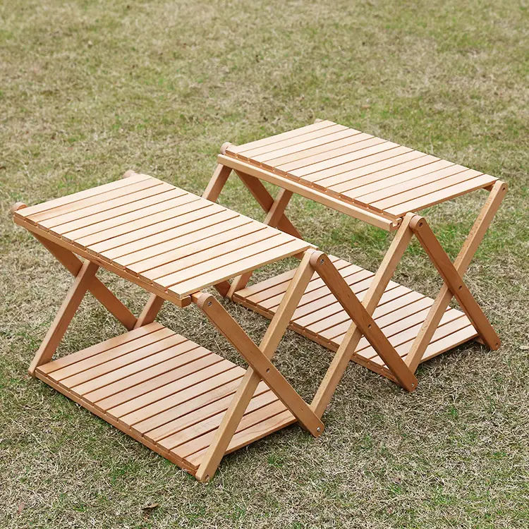 Outdoor Simple Solid Wood Folding Multi Layer Shelf Camping Table