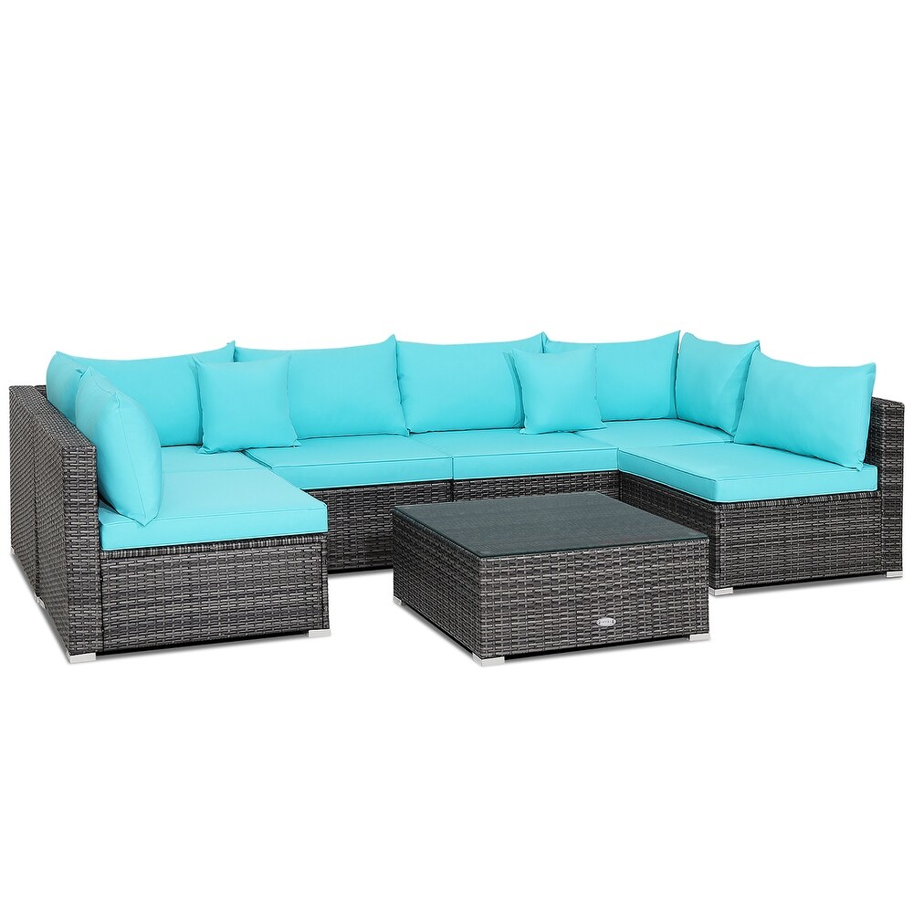 7PCS Patio Rattan Furniture Set Sectional Sofa Cushioned Garden