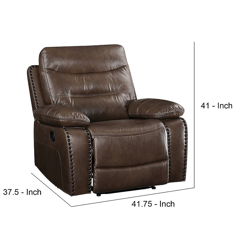 Recliner with Leatherette Upholstery and Tufted Seat， Brown