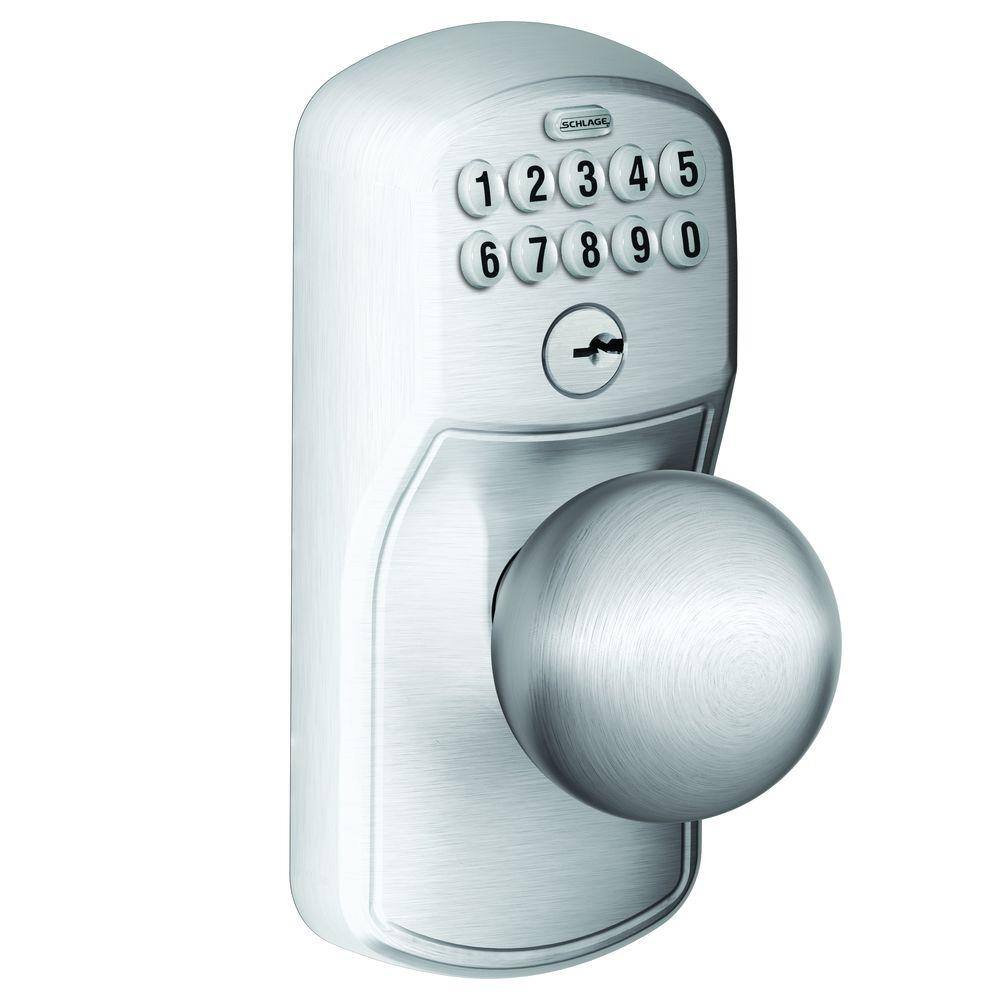 Schlage Plymouth Satin Chrome Electronic Keypad Door Lock with Orbit Knob and Flex Lock FE595CS V PLY 626 ORB