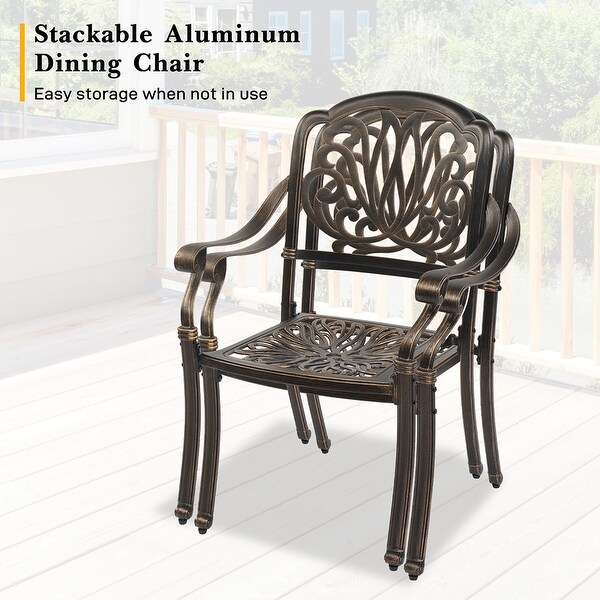 Set of 2 Cast Aluminum Patio Stackable Dining Chairs with Cushions