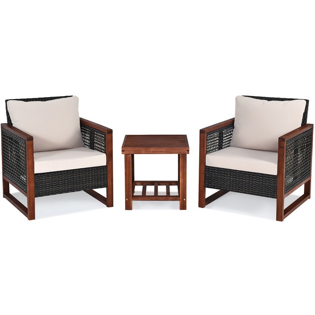 Tangkula 3 piece Patio Rattan Wicker Bistro Set Acacia Wood Frame Sofa And Side Table