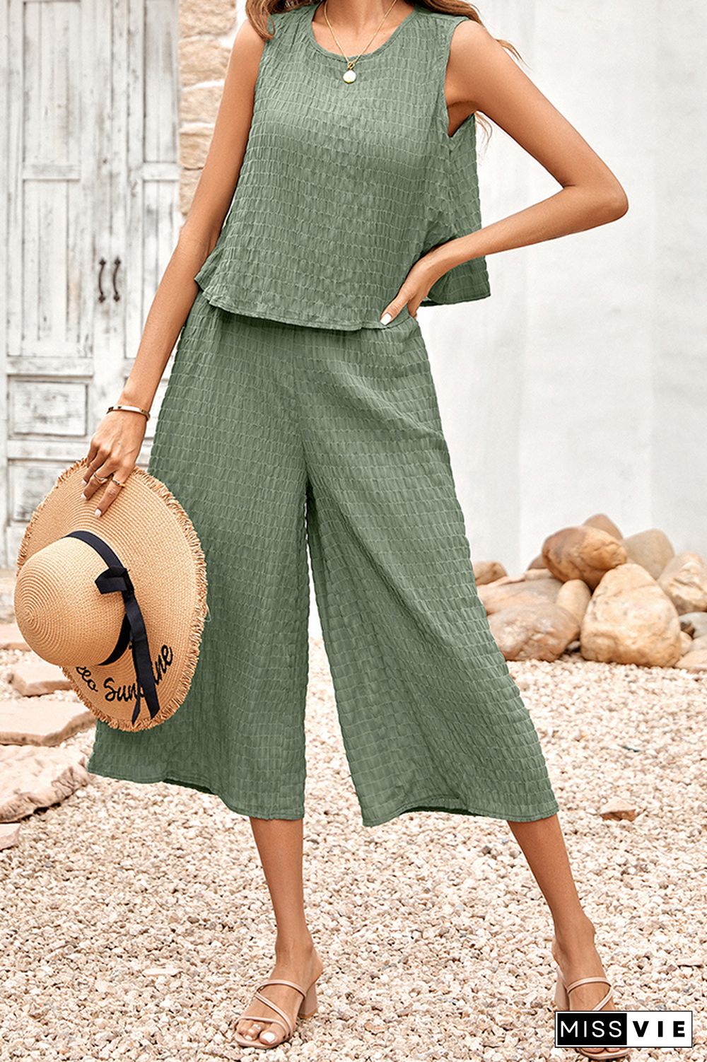 Frilled Texture Sleeveless Tank with Wide Leg Pants Jumpsuit