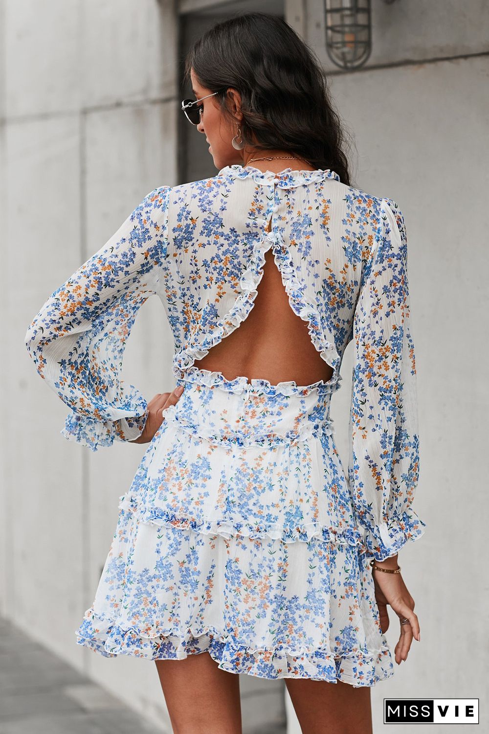 Ruffle Detailing Open Back Floral Dress