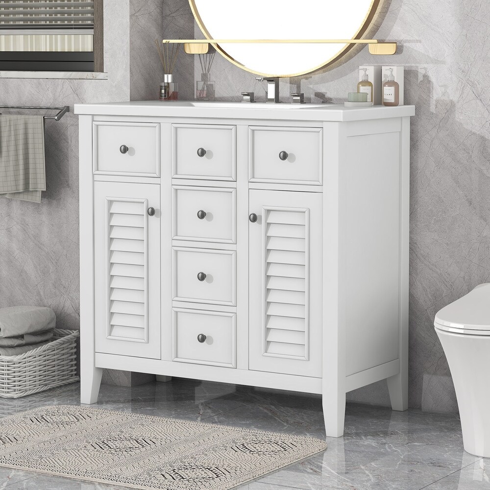 Modern Bathroom Vanity with Ceramic Basin  Five Drawers