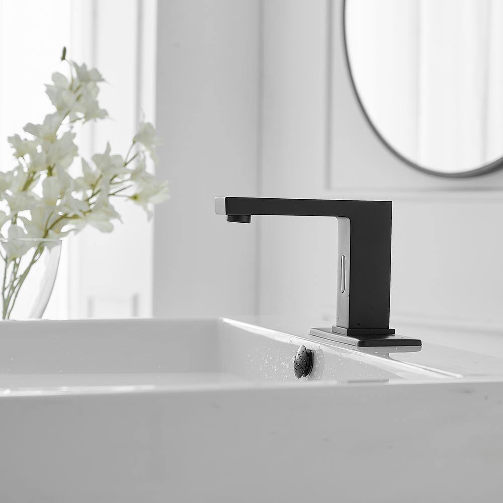 BWE DC Powered Commercial Touchless Single Hole Bathroom Faucet With Deck Plate And Pop Up Drain In Matte Black A-918108-B-2