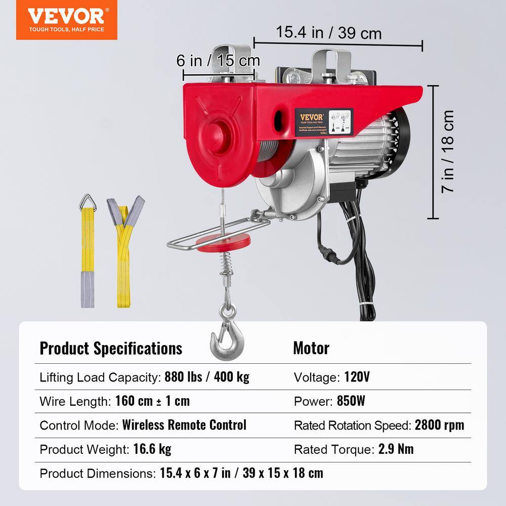 VEVOR 880 lbs. Electric Chain Hoist 850W 110V Electric Steel Wire Winch with Wireless Remote Control for Garage Factory DDG880LBS52FTW0V1V1