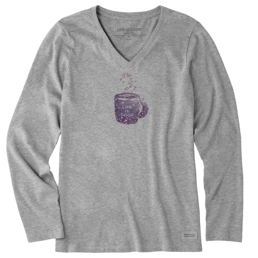 Life Is Good  Women's Scattered Hearts Coffee Long Sleeve Crusher-LITE Vee