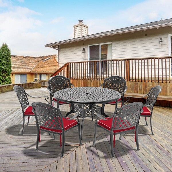 5/7Piece Cast Aluminum Outdoor Dining Set with 48.03 in. Round Table and Random Color Cushions