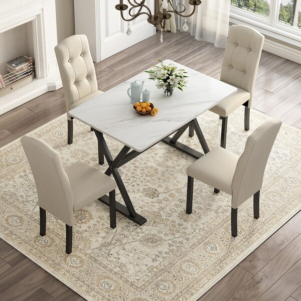 Wood Dining Table Set with Faux Marble Tabletop and 4 Chairs， 5-Piece Dining Set