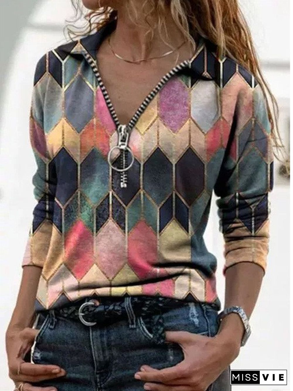 Women Fashion Simple Shawl collar Geometric Shift Shirt