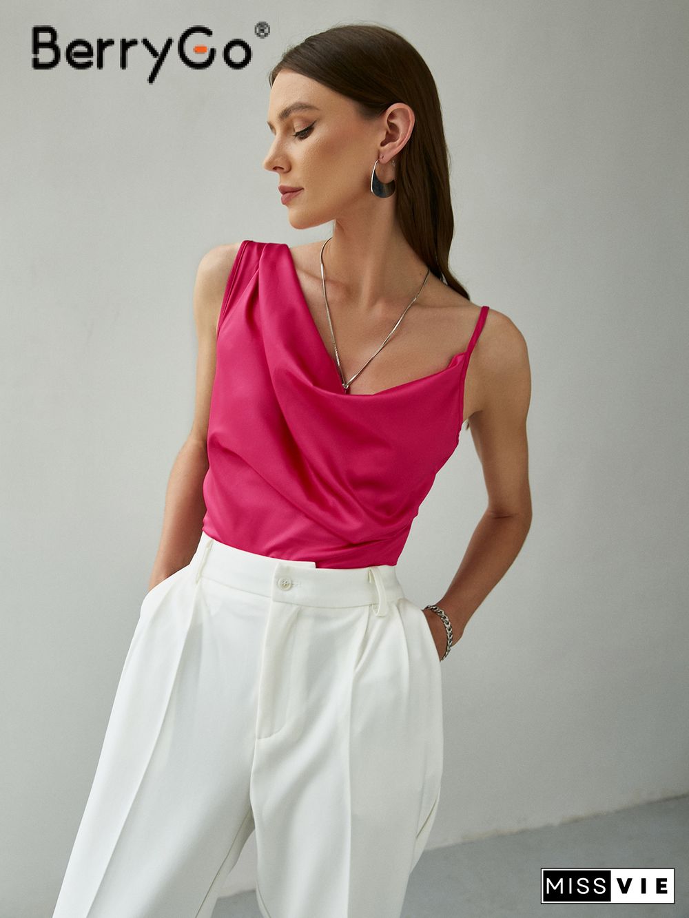 Elegant Office Lady Silk Top Pink Summer Satin Crop Top With Irregular Straps Fashion Zipper Pure Tank Top Women