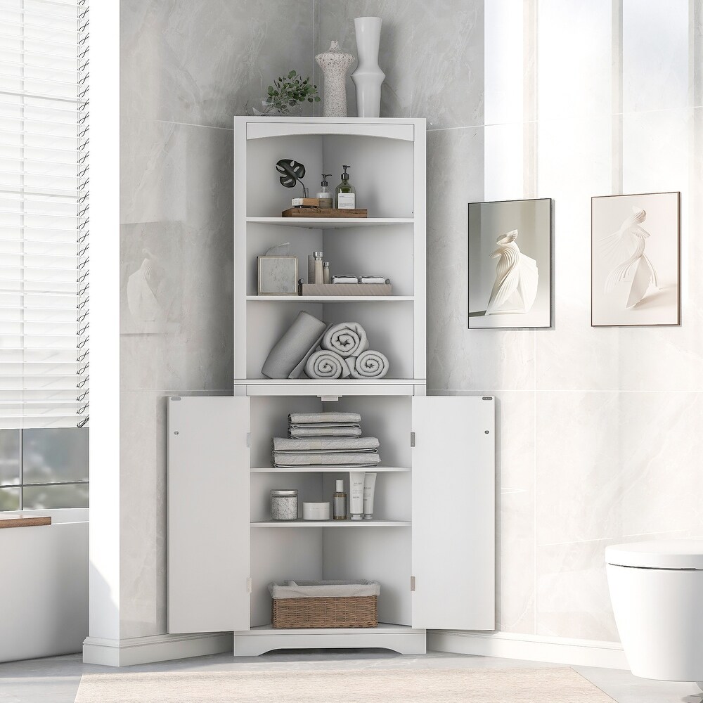 Bathroom Storage Corner Cabinet with Adjustable Shelves and Doors