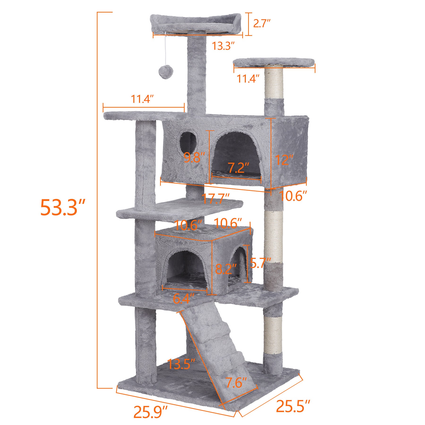 ZENSTYLE 55-in H Cat Tree and Condo Scratching Post Tower， Light Gray