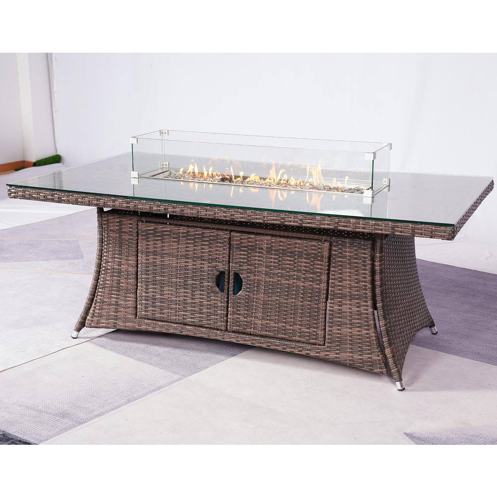 DIRECT WICKER Firefly Brown Wicker Rectangular Propane Fire Pit Table with Tempered Glass Surround DWG-1106R-T