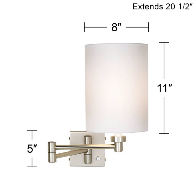 Possini Euro Design Modern Swing Arm Wall Lamp Cord Cover Brushed Nickel Plug in Light Fixture White Cotton Cylinder Shade Bedroom