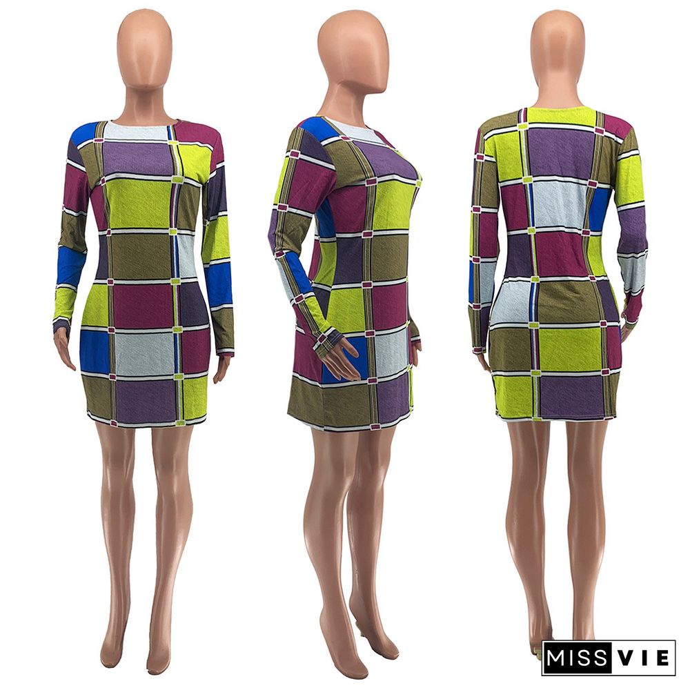 Colorful Printed Long Sleeves Round Neck Bodycon Dress