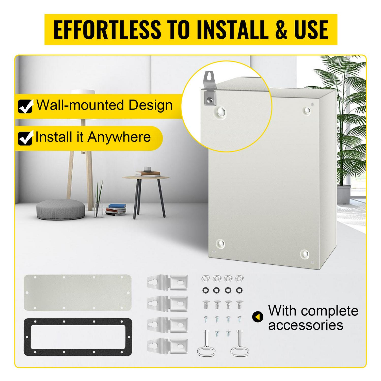 VEVORbrand Steel Electrical Box 24 x 16 x 10 ，Carbon Steel Hinged Junction Box， IP65 Weatherproof Metal Box Wall-Mounted Electronic Equipment Enclosure Box with Mounting Plat