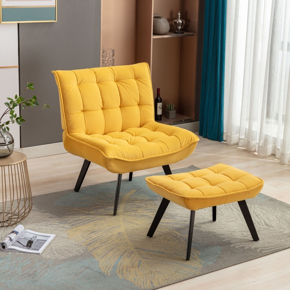 Yellow Velvet Fabric Upholstered Leisure Chair with Black Metal Legs