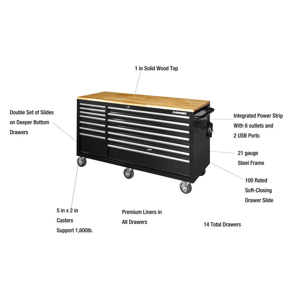 Husky 62 in. W x 24 in. D Standard Duty 14-Drawer Mobile Workbench Cabinet Tool Chest with Solid Wood Top in Gloss Black HOTC6214B12M