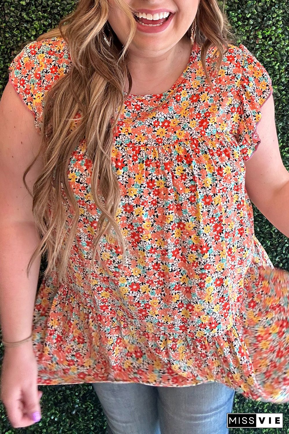 Multicolor Plus Size Boho Floral Print Ruffle Tiered Top