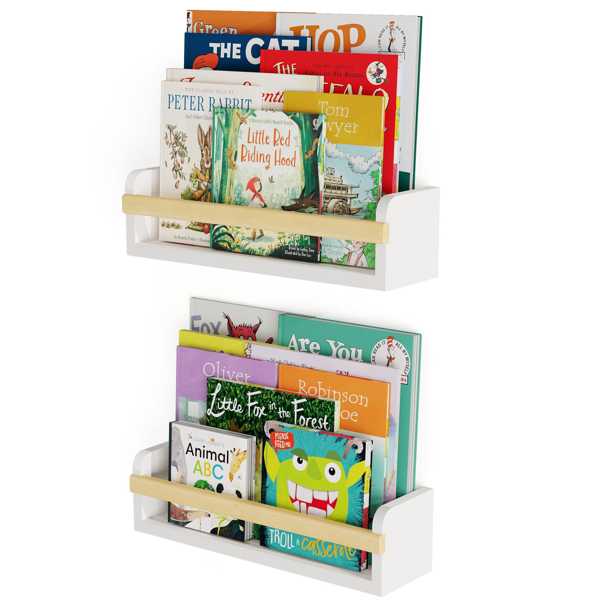 Wallniture Florida Kids Pine Bookcases Nursery Organizer Toy Shelf for Kids Room Storage Floating Wall Shelves, White, Set of 2