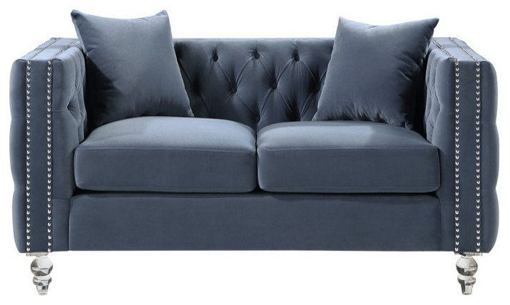 Lexicon Orina Button Tufted Velvet Loveseat in Dark Blue   Traditional   Loveseats   by Homesquare  Houzz