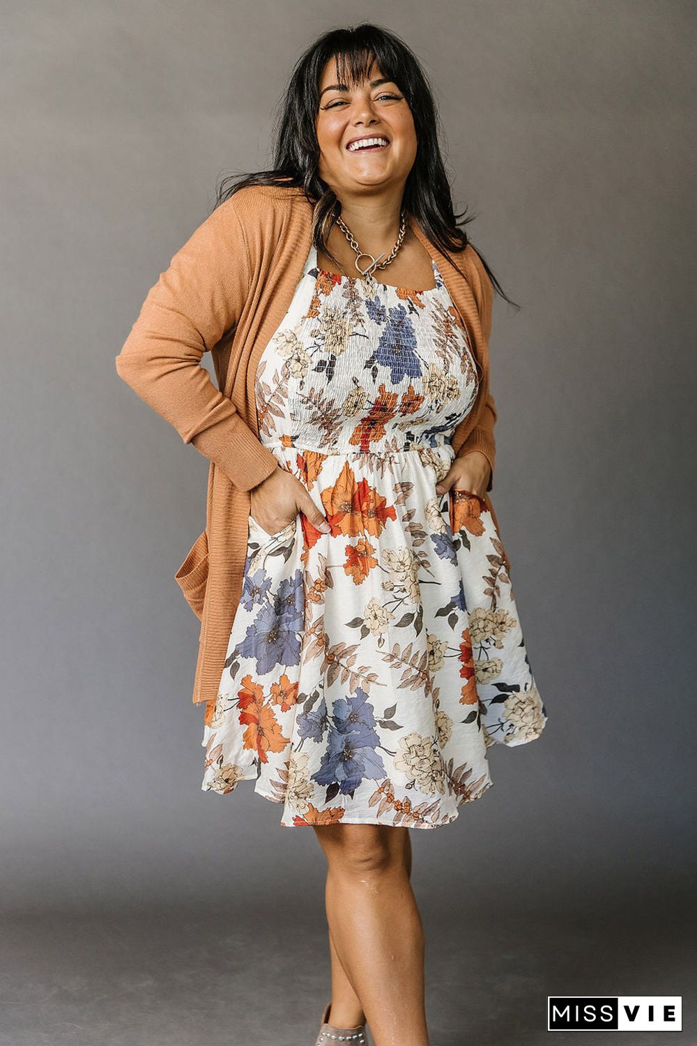 White Floral Smocked Flared Plus Size Dress