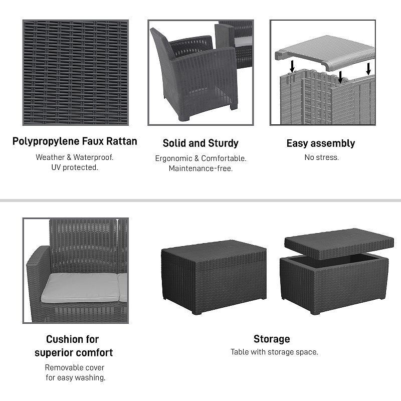 Dukap Alta All Weather Faux Rattan Loveseat， Chair and Coffee Table 4-piece Set