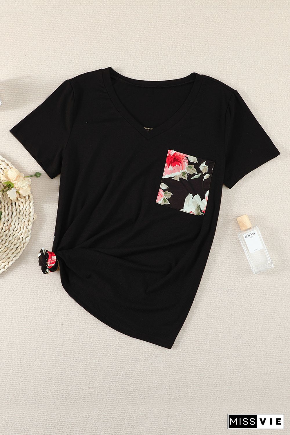 Black Women's Casual Floral Printed Splicing Pullover Pocket T-shirt