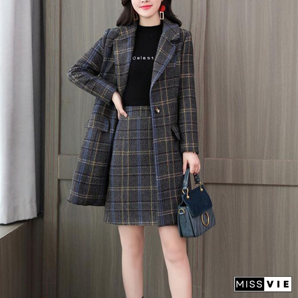 S-Xxl Women's Office Suits Elegant Plaid Trench Coat And Skirt 2 Piece Set Work Outfit Long Jacket With Skirt Autumn Winter Suits