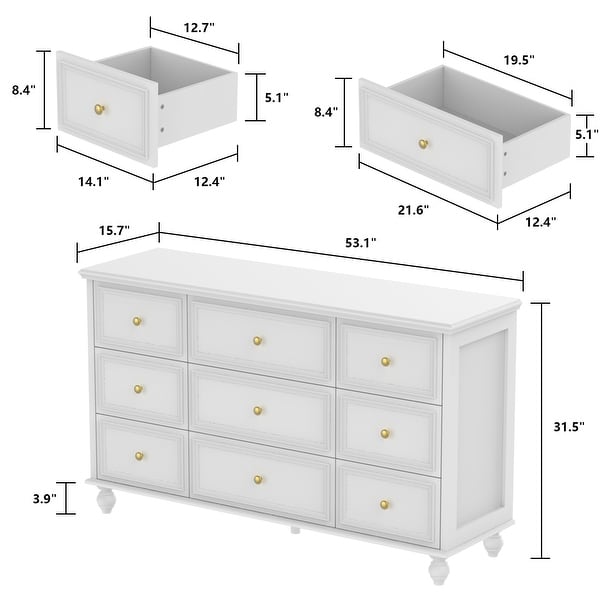 53.1 Timechee White Lacqered 9 Drawer Dresser Storage Cabinet Chest - - 36389810