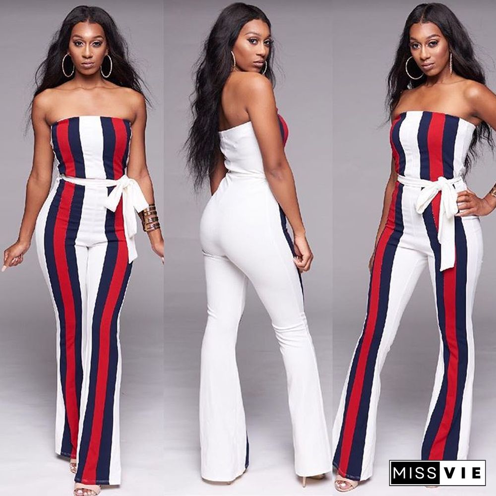 Sexy Stripe Mosaic Chest Wrap Jumpsuit With Belt