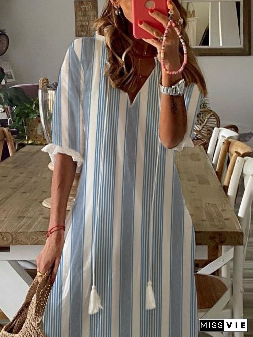 V Neck Striped Half Sleeve Plus Size Casual Dress