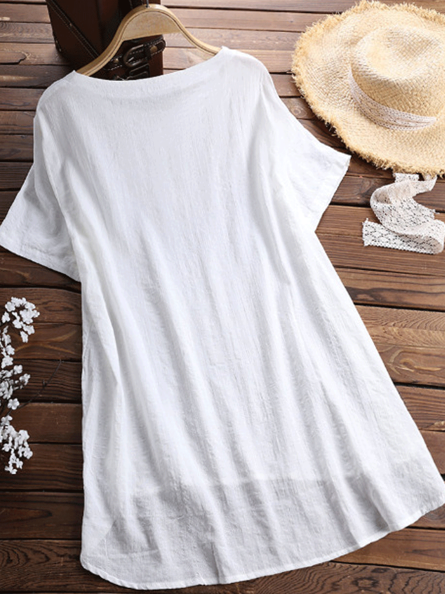 Round Neck Short Sleeve Button Blouse