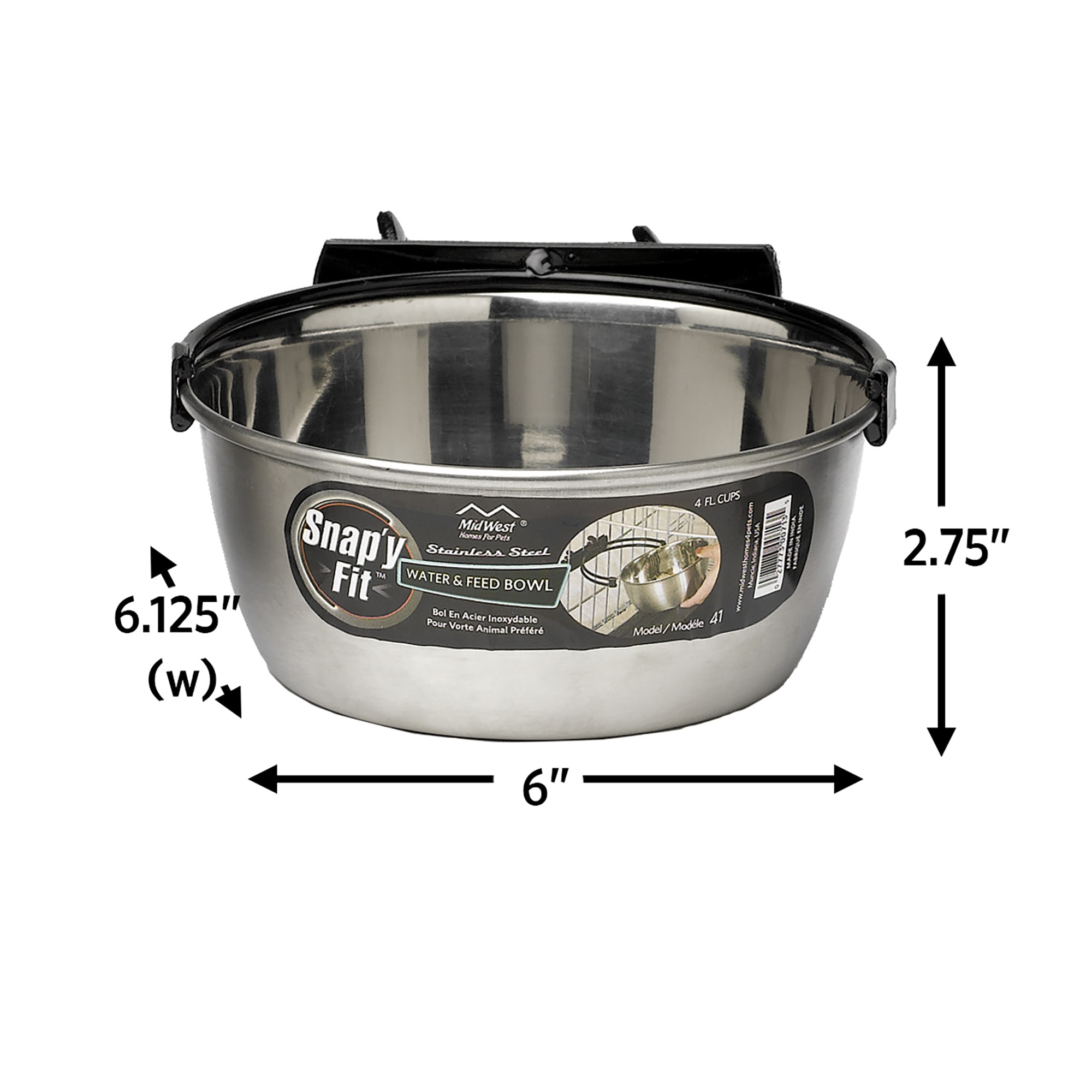 MIDWEST Snap'y Fit Stainless Steel Water amp; Feed Bowl for Dogs， 4 Cup