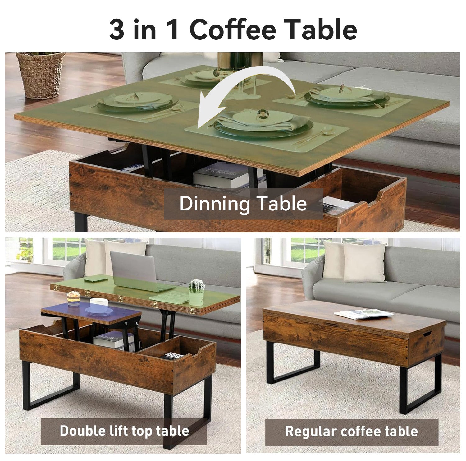 Lift Top Coffee Table Modern Lift Dining Table 3 in 1 with Storage