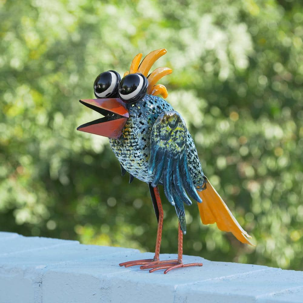 Alpine Corporation 11 in. Tall Outdoor Metal Wide-Eyed Bird Standing Yard Statue Decoration, Multicolor JUM450HH