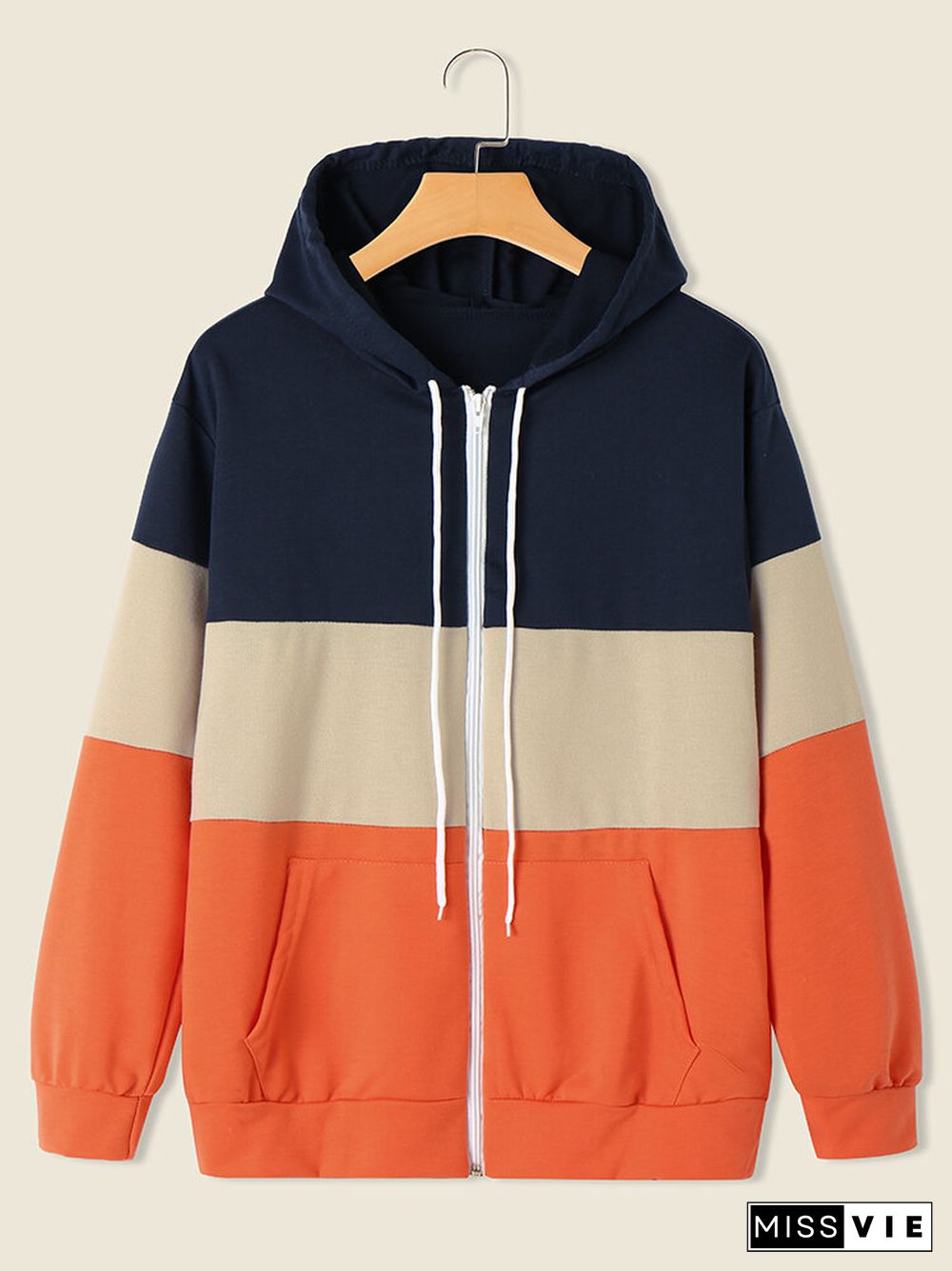 Color Block Zip Front Pocket Hooded Drawstring Jacket