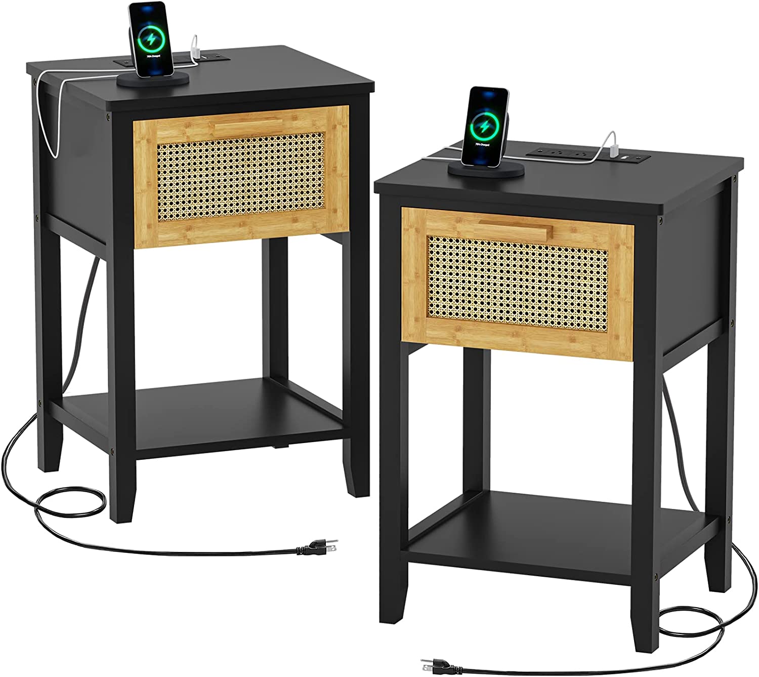 Rattan Nightstand Set of 2 with Charging Station, BedSide Table, Black Finish