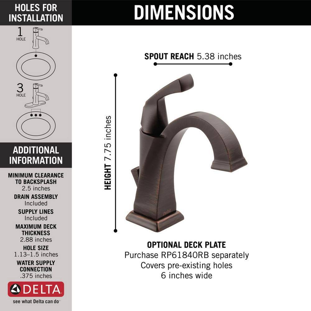 Delta Dryden Single Hole Single-Handle Bathroom Faucet with Metal Drain Assembly in Venetian Bronze 551-RB-DST