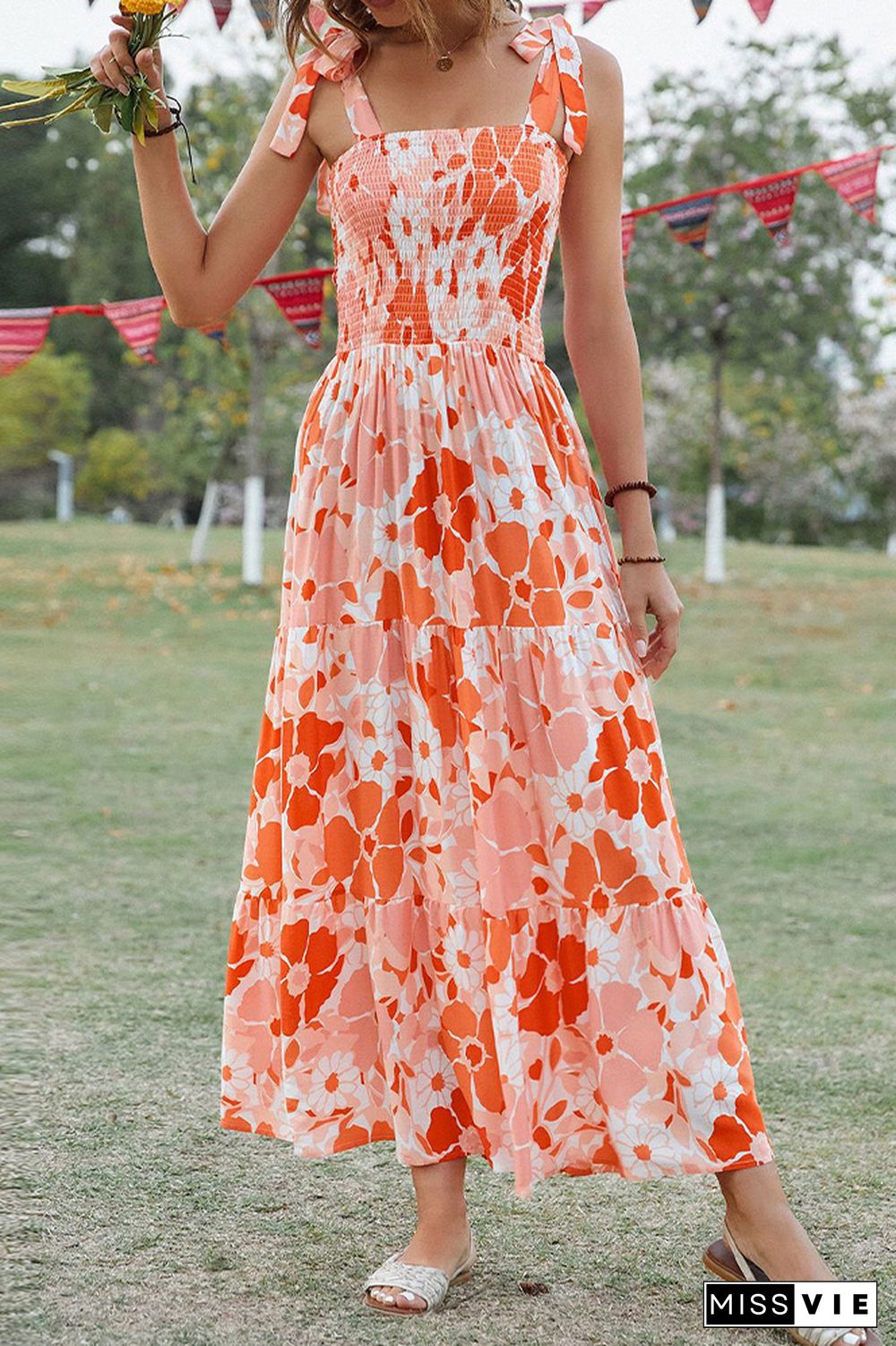 Orange Floral Tie Strap Smocked Maxi Dress