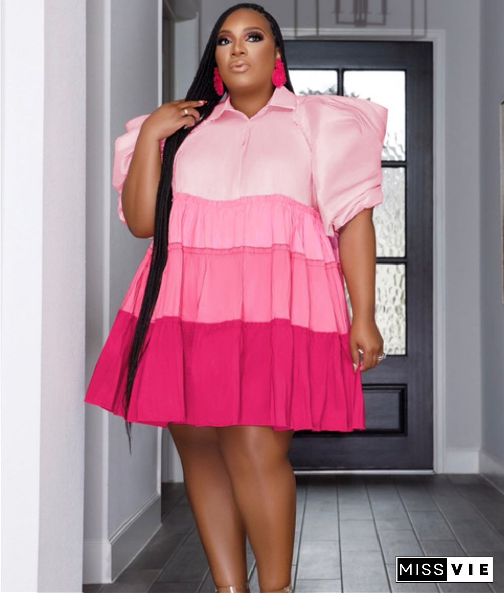 Contrast Color Loose Puff Sleeve Pleated Plus Size Dress