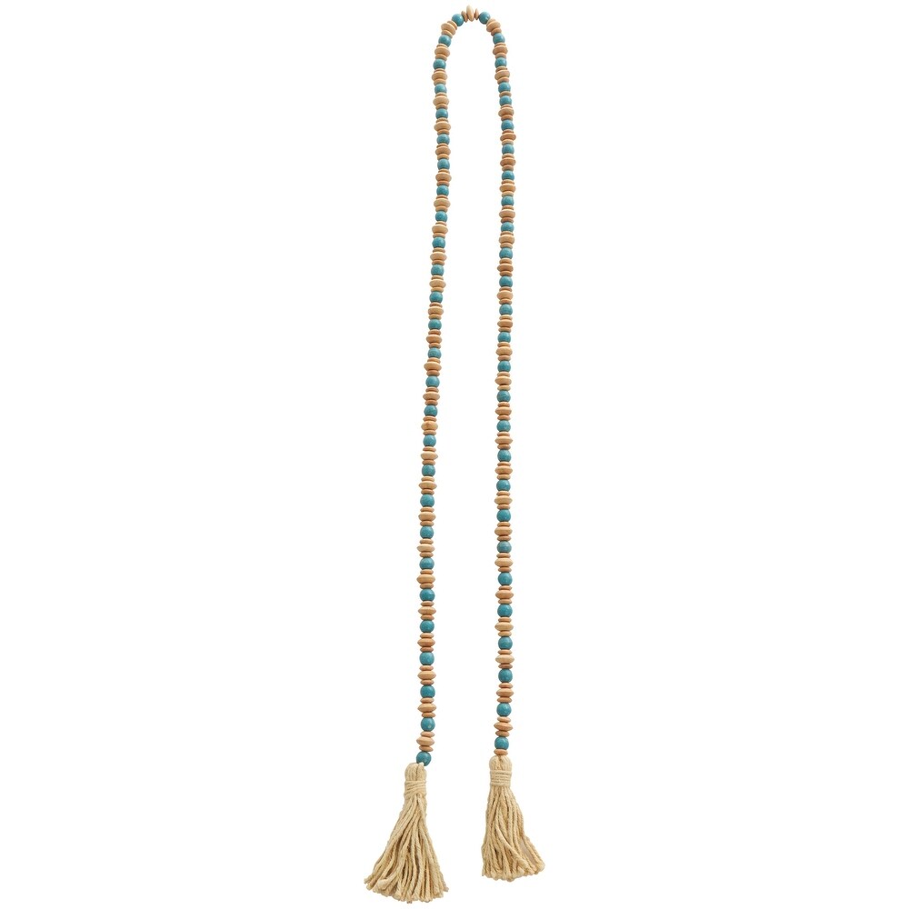 Teal Mango Wood Handmade Round Long Carved Beaded Garland with Tassel with Brown Beaded Disks